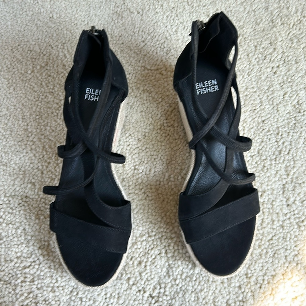 Eileen Fisher strappy black wedge sandal. 7.5